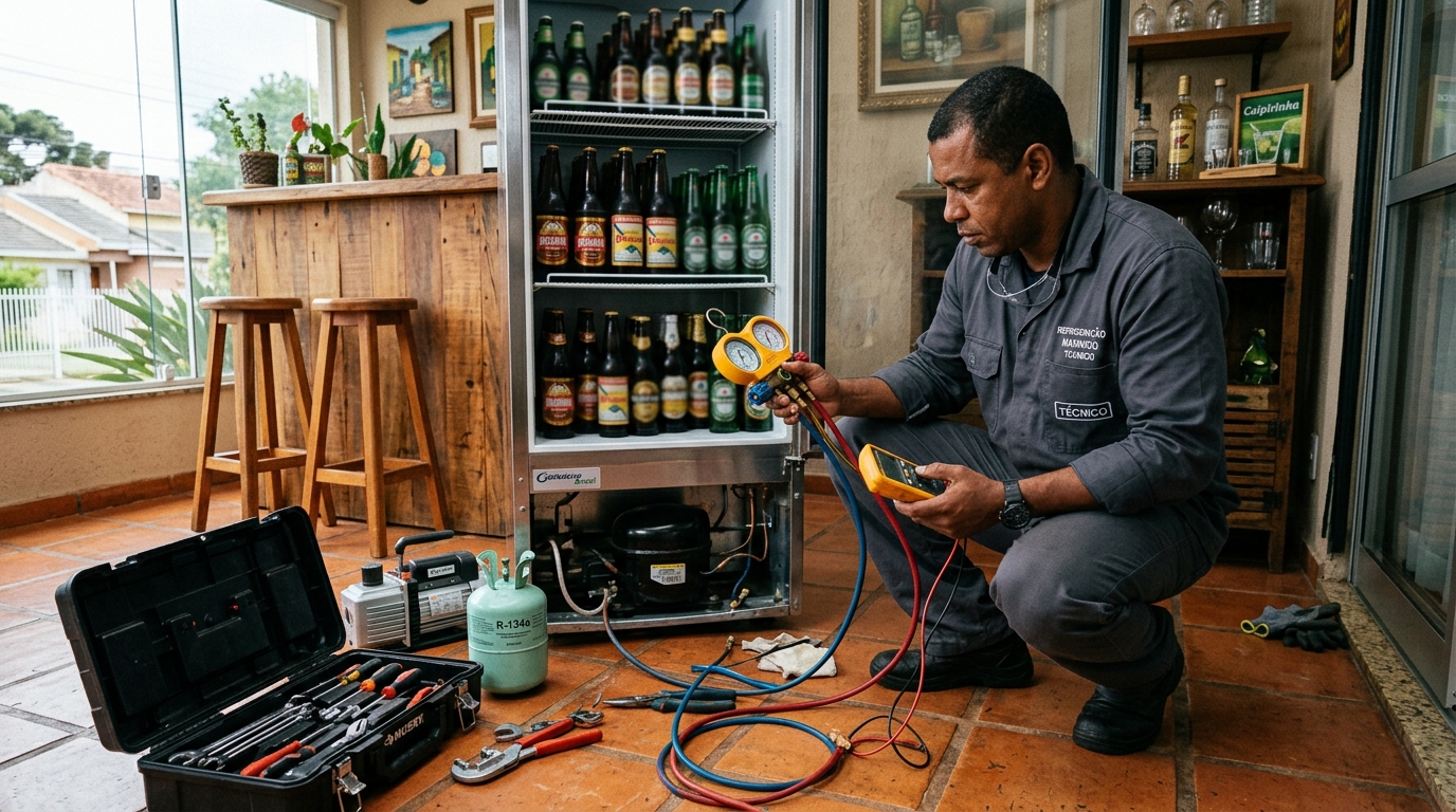 Técnico revisando o motor de uma cervejeira durante chamado em Joinville‑SC