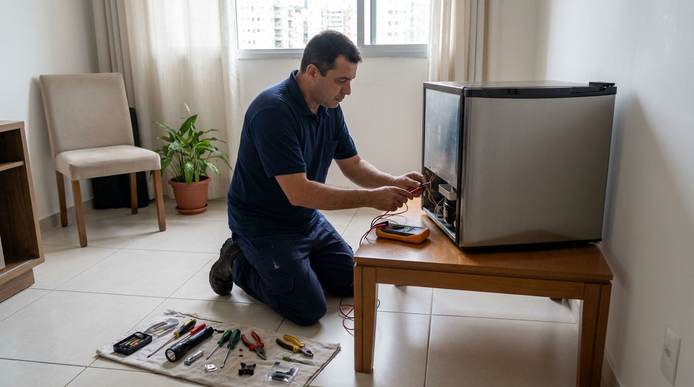 Técnico revisando o motor de um frigobar em Joinville‑SC