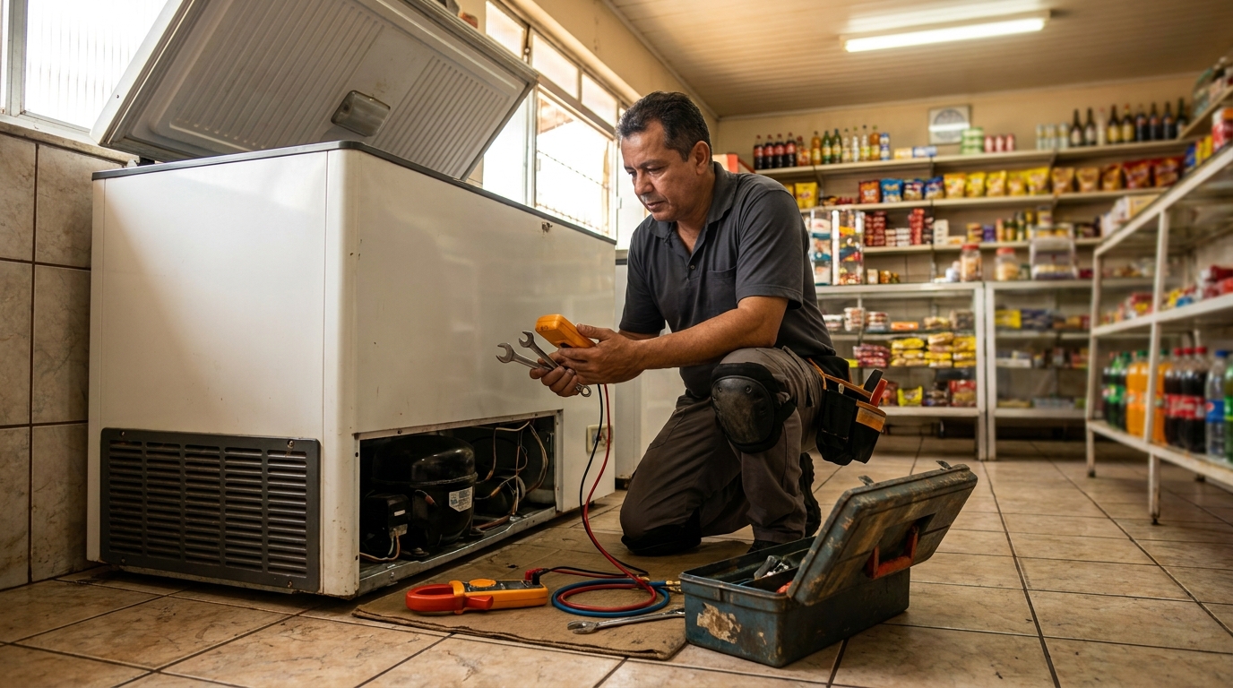 Técnico avaliando um freezer vertical durante atendimento em Joinville‑SC